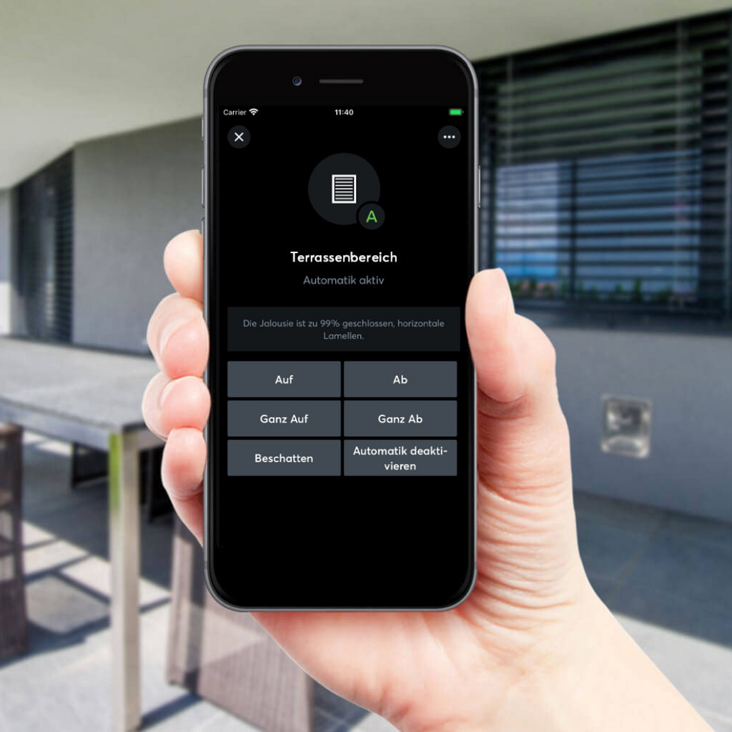 Loxone App Ansicht zur automatischen Steuerung des Beschattungssystems im Terrassenbereich